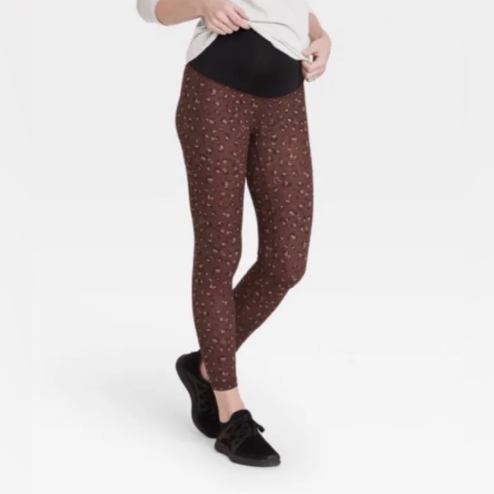 Isabel Maternity Leggings Brown Leopard Active CrossOver Panel NWT S